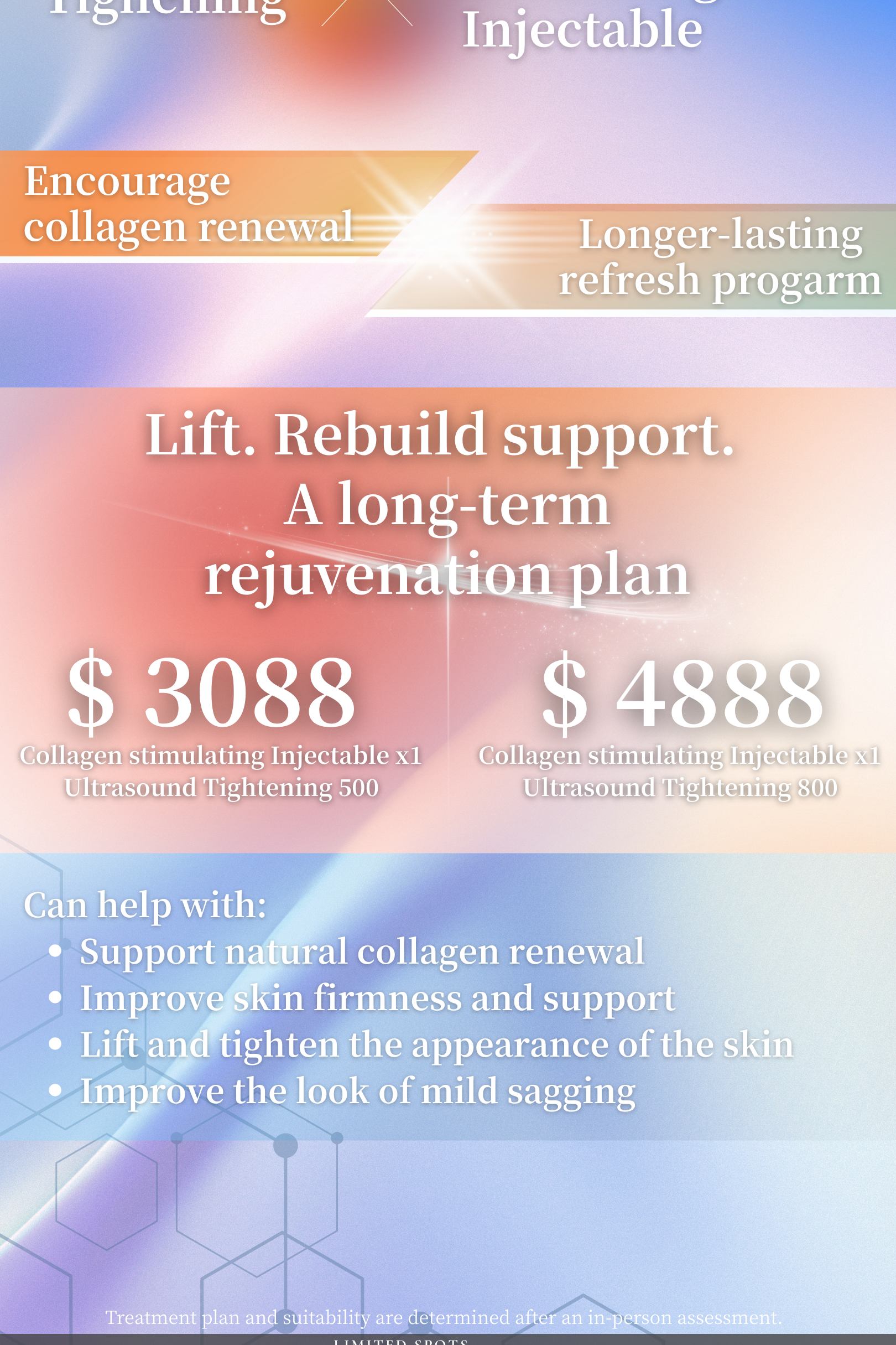 Promotional Poster for Mernov Medi Spa's Ulthera + Radiesse program, showing $3088 and $4888 long-term rejuvenation plans that lift, rebuild support, and improve firmness and mild sagging.