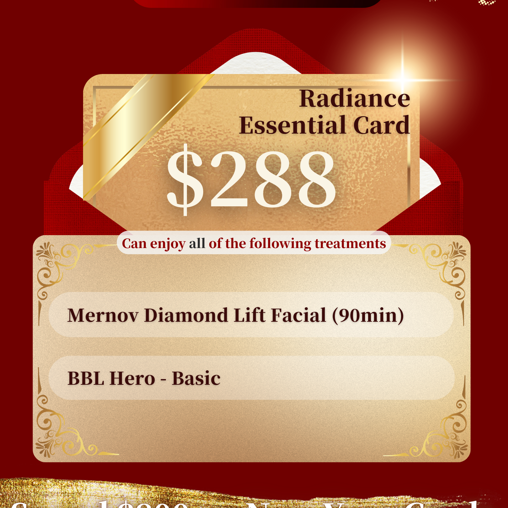 $288 package including one Mernov Diamond lift Facial (90min) and one basic BBL Hero treatment, with a note that spending $800 on New Year cards earns one lucky draw entry