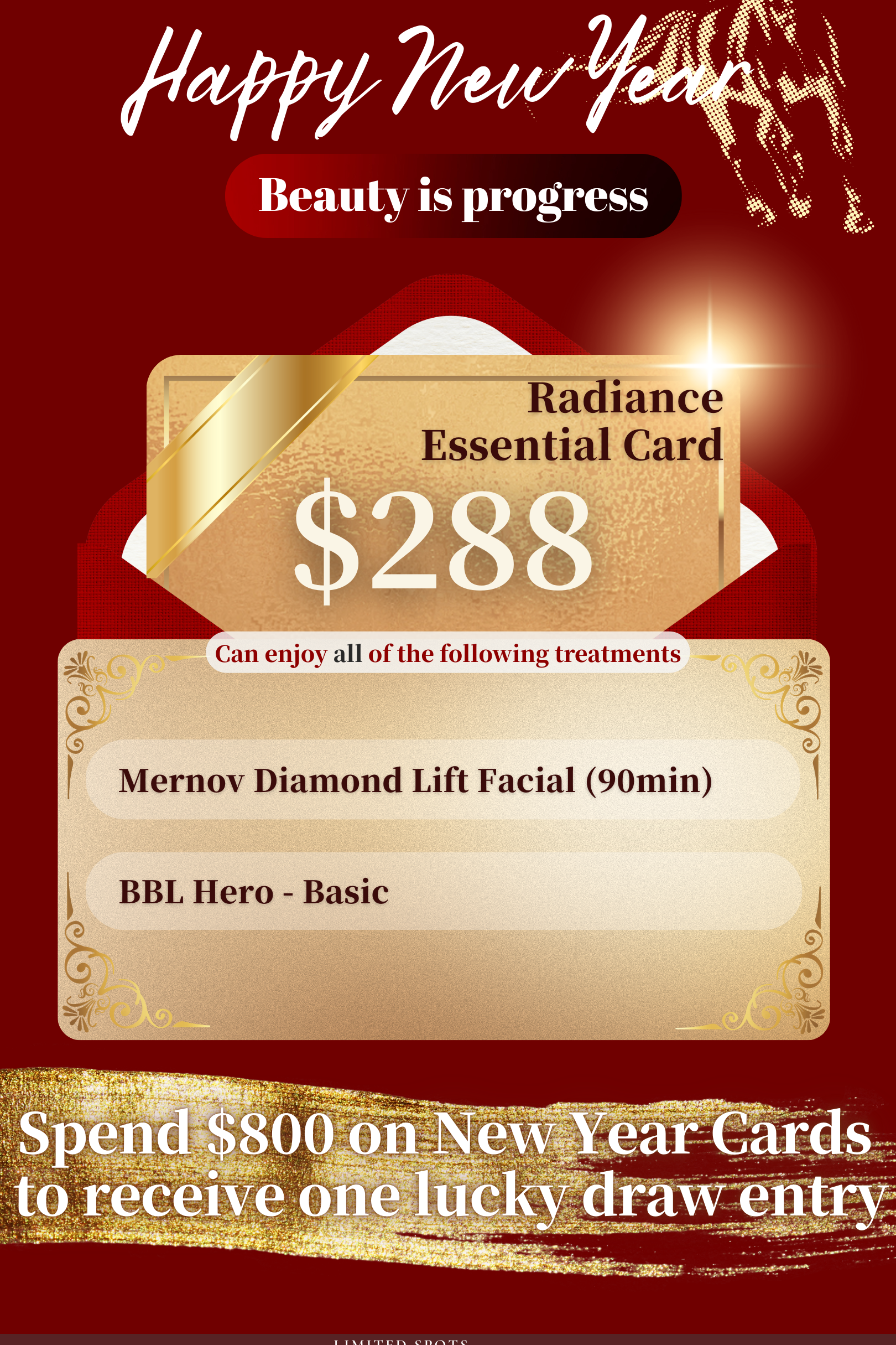 $288 package including one Mernov Diamond lift Facial (90min) and one basic BBL Hero treatment, with a note that spending $800 on New Year cards earns one lucky draw entry
